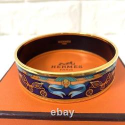 Hermes Email GM Bangle Bracelet Gold Blue Enamel 0.8in Wide with Box