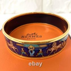 Hermes Email GM Bangle Bracelet Gold Blue Enamel 0.8in Wide with Box