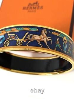 Hermes Email GM Bangle Bracelet Gold Blue Enamel 0.8in Wide with Box