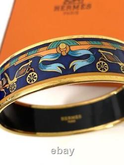 Hermes Email GM Bangle Bracelet Gold Blue Enamel 0.8in Wide with Box