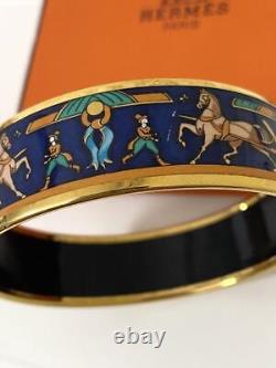 Hermes Email GM Bangle Bracelet Gold Blue Enamel 0.8in Wide with Box