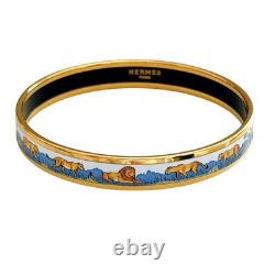 Hermes Email Narrow Safari Enamel Bracelet Bangle Blue White Lion Cloisonne Used