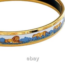 Hermes Email Narrow Safari Enamel Bracelet Bangle Blue White Lion Cloisonne Used