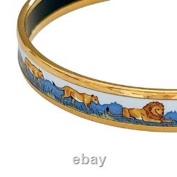 Hermes Email Narrow Safari Enamel Bracelet Bangle Blue White Lion Cloisonne Used