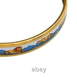 Hermes Email Narrow Safari Enamel Bracelet Bangle Blue White Lion Cloisonne Used