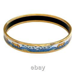Hermes Email Narrow Safari Enamel Bracelet Bangle Blue White Lion Cloisonne Used