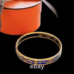Hermes Email PM Narrow Enamel Bracelet Bangle Blue Gold Rim withBox Cloisonne Used