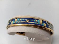 Hermes Emaile Enamel Blue x Gold Bangle Bracelet with Box Accessory Jewelry