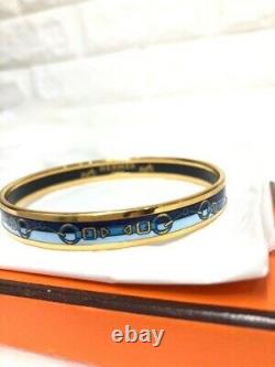 Hermes Enamel Bangle Bracelet Harness Pattern Blue & Gold with Box