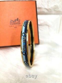 Hermes Enamel Bangle Bracelet Harness Pattern Blue & Gold with Box