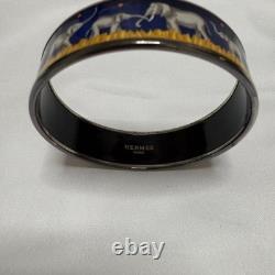 Hermes Enamel Elephant Bangle Bracelet Blue Silver Used Excellent Auth No Box