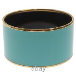 Hermes Enamel Emaile TGM Caleche Logo Wide Bangle Bracelet Blue x Gold