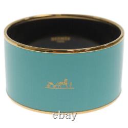 Hermes Enamel Emaile TGM Caleche Logo Wide Bangle Bracelet Blue x Gold