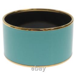 Hermes Enamel Emaile TGM Caleche Logo Wide Bangle Bracelet Blue x Gold