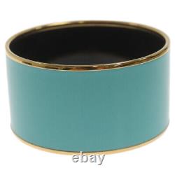 Hermes Enamel Emaile TGM Caleche Logo Wide Bangle Bracelet Blue x Gold