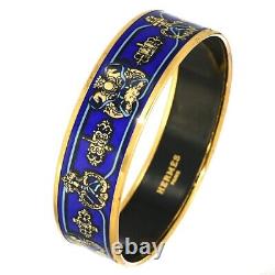 Hermes Enamel GM Bangle Bracelet Cloisonné Metal Blue Gold Color Women Jewelry