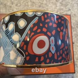 Hermes Fish Pattern Blue Red Enamel Wide Bangle Bracelet