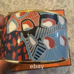 Hermes Fish Pattern Blue Red Enamel Wide Bangle Bracelet