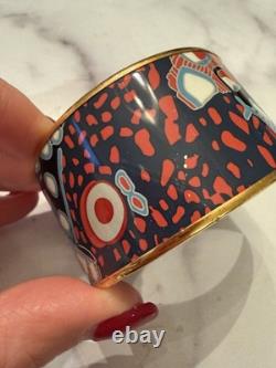 Hermes Fish Pattern Blue Red Enamel Wide Bangle Bracelet