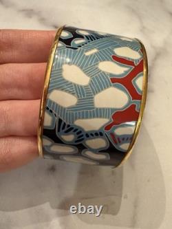 Hermes Fish Pattern Blue Red Enamel Wide Bangle Bracelet