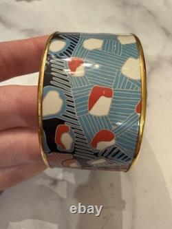 Hermes Fish Pattern Blue Red Enamel Wide Bangle Bracelet