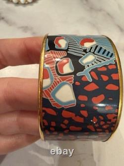 Hermes Fish Pattern Blue Red Enamel Wide Bangle Bracelet