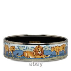 Hermes GM Enamel Emaile Safari Lion Cloisonne Bangle Bracelet Blue x Silver