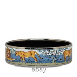 Hermes GM Enamel Emaile Safari Lion Cloisonne Bangle Bracelet Blue x Silver