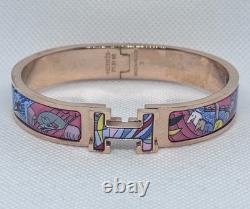 Hermes Horse Mouse Blue Pink Enamel H Clic Yellow Gold Bangle Bracelet PM 17cm