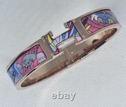 Hermes Horse Mouse Blue Pink Enamel H Clic Yellow Gold Bangle Bracelet PM 17cm