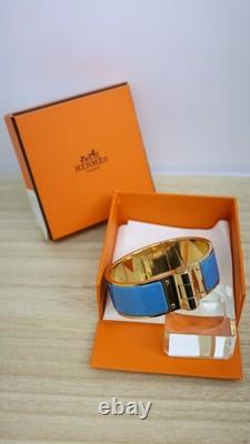 Hermes Kawaii Blue Enamel Hinged Cuff Bracelet Gold Plated 2.3cm Wide M 17.5cm