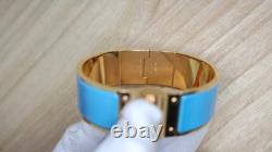 Hermes Kawaii Blue Enamel Hinged Cuff Bracelet Gold Plated 2.3cm Wide M 17.5cm