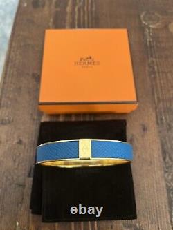 Hermes Logo Bangle Bracelet Blue, Gold