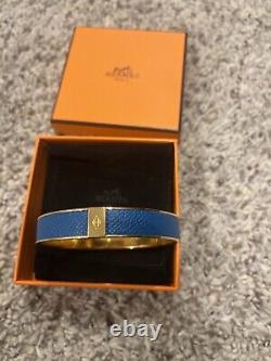 Hermes Logo Bangle Bracelet Blue, Gold