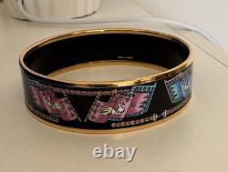 Hermes Paris Bangle Bracelet black/blue/pink Enamel Bird Motif Flag Gold Rim