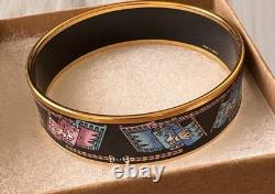 Hermes Paris Bangle Bracelet black/blue/pink Enamel Bird Motif Flag Gold Rim