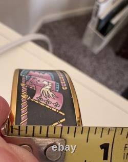 Hermes Paris Bangle Bracelet black/blue/pink Enamel Bird Motif Flag Gold Rim