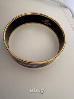 Hermes Paris Bangle Bracelet black/blue/pink Enamel Bird Motif Flag Gold Rim