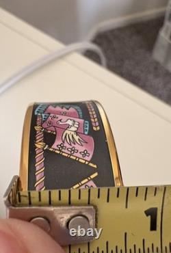 Hermes Paris Bangle Bracelet black/blue/pink Enamel Bird Motif Flag Gold Rim