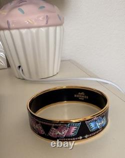 Hermes Paris Bangle Bracelet black/blue/pink Enamel Bird Motif Flag Gold Rim
