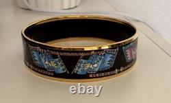 Hermes Paris Bangle Bracelet black/blue/pink Enamel Bird Motif Flag Gold Rim