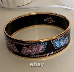 Hermes Paris Bangle Bracelet black/blue/pink Enamel Bird Motif Flag Gold Rim