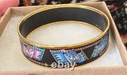 Hermes Paris Bangle Bracelet black/blue/pink Enamel Bird Motif Flag Gold Rim