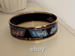 Hermes Paris Bangle Bracelet black/blue/pink Enamel Bird Motif Flag Gold Rim