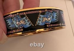 Hermes Paris Bangle Bracelet black/blue/pink Enamel Bird Motif Flag Gold Rim