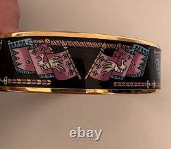 Hermes Paris Bangle Bracelet black/blue/pink Enamel Bird Motif Flag Gold Rim