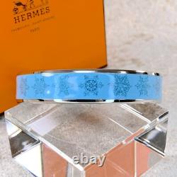 Hermes Paris Enamel Bangle Bracelet Blue Enamel Snowflakes Silver Rim 65 withCase