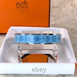 Hermes Paris Enamel Bangle Bracelet Blue Enamel Snowflakes Silver Rim 65 withCase