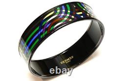 Hermes Paris Wide Black Blue Green Enamel Equestrian Bangle Bracelet