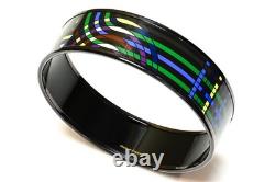 Hermes Paris Wide Black Blue Green Enamel Equestrian Bangle Bracelet